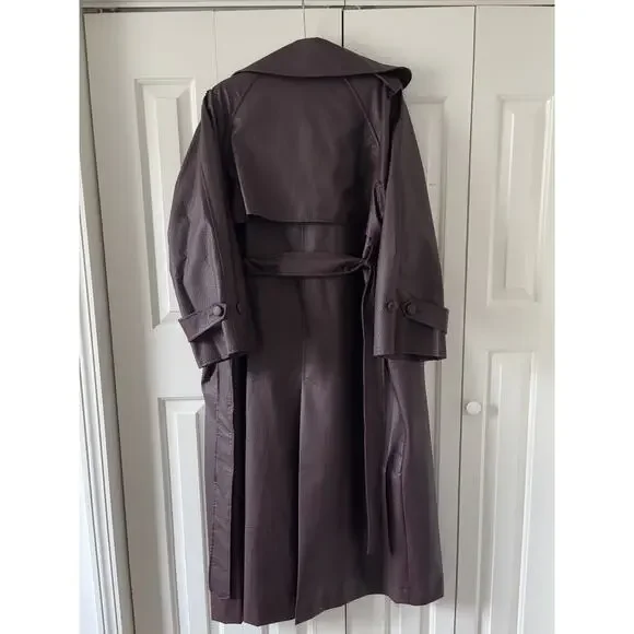Burgundy Faux Leather Trench Coat Long Belted Jacket Women Oversized Fall - Picture 10 of 10